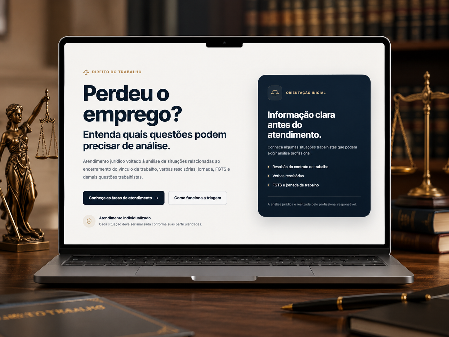 Mockup da landing page para advocacia com SmartChat de triagem inicial