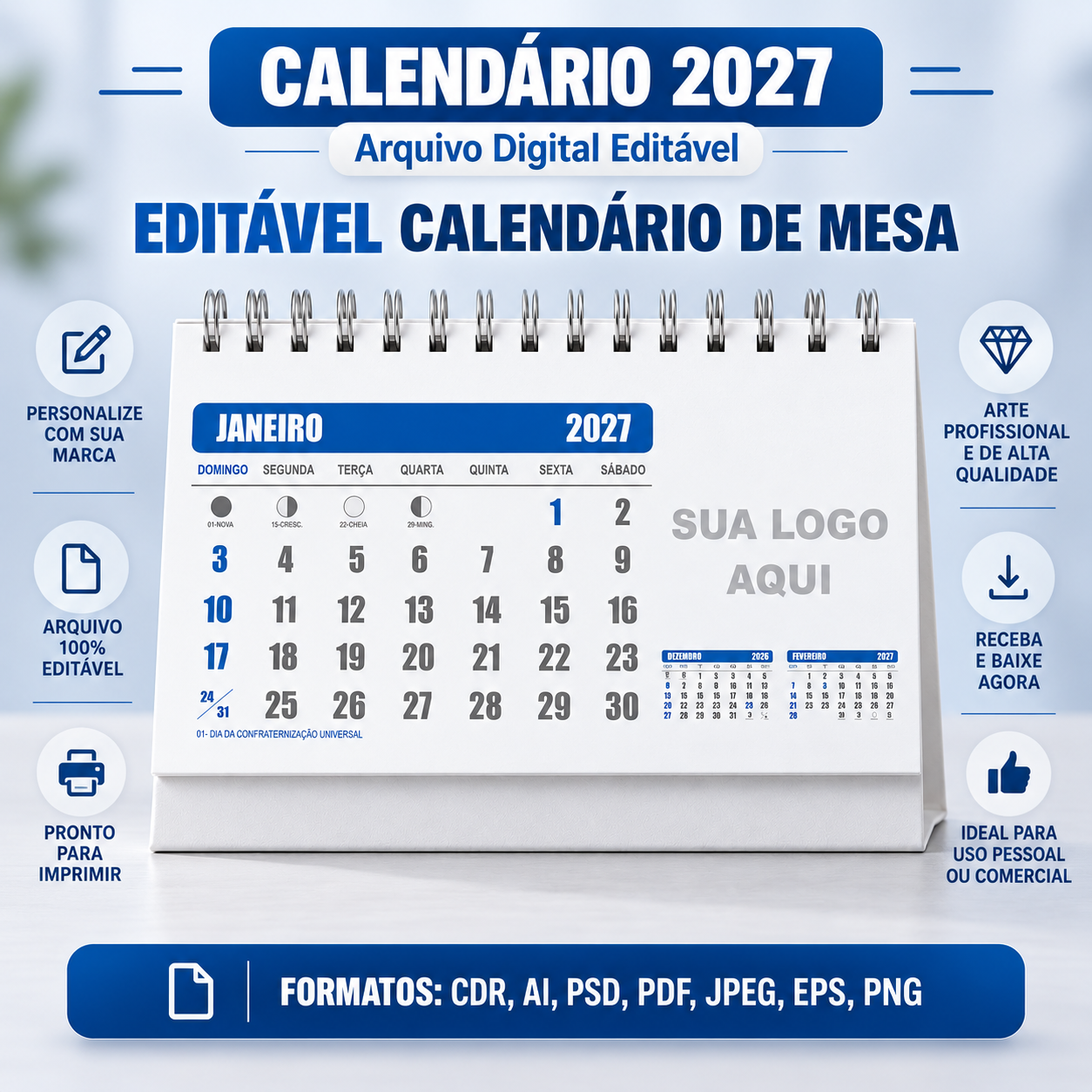 Calendário de Mesa Azul