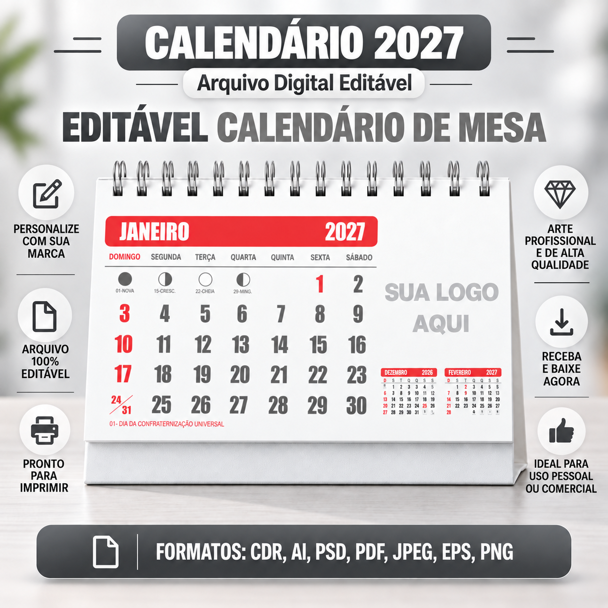 Calendário de Mesa Cinza