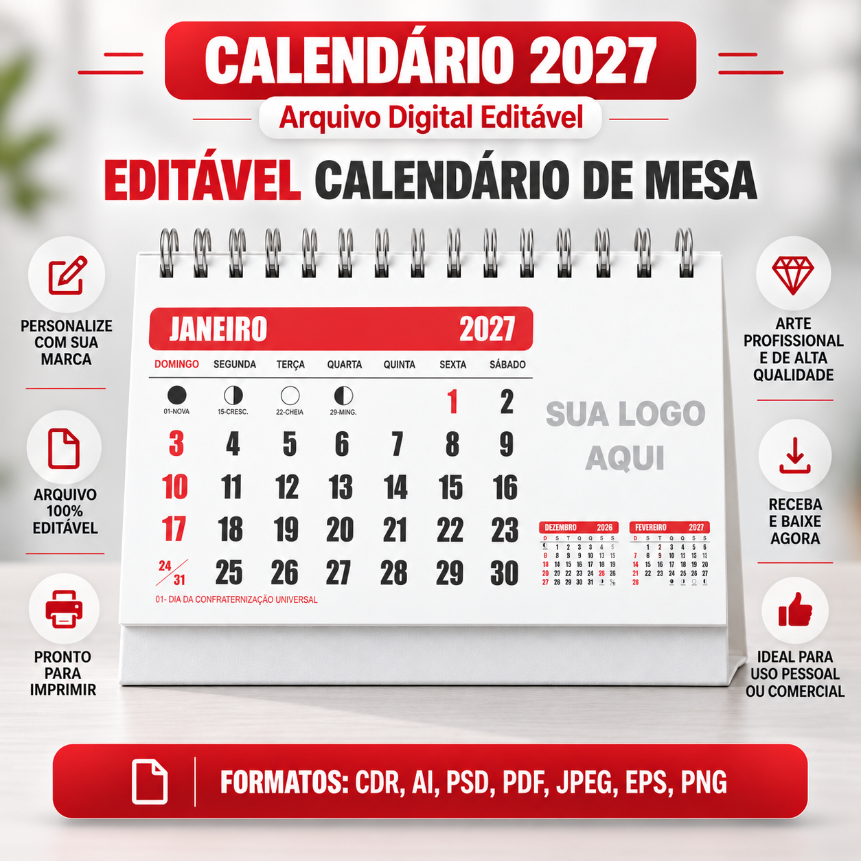 Calendário de Mesa Preto