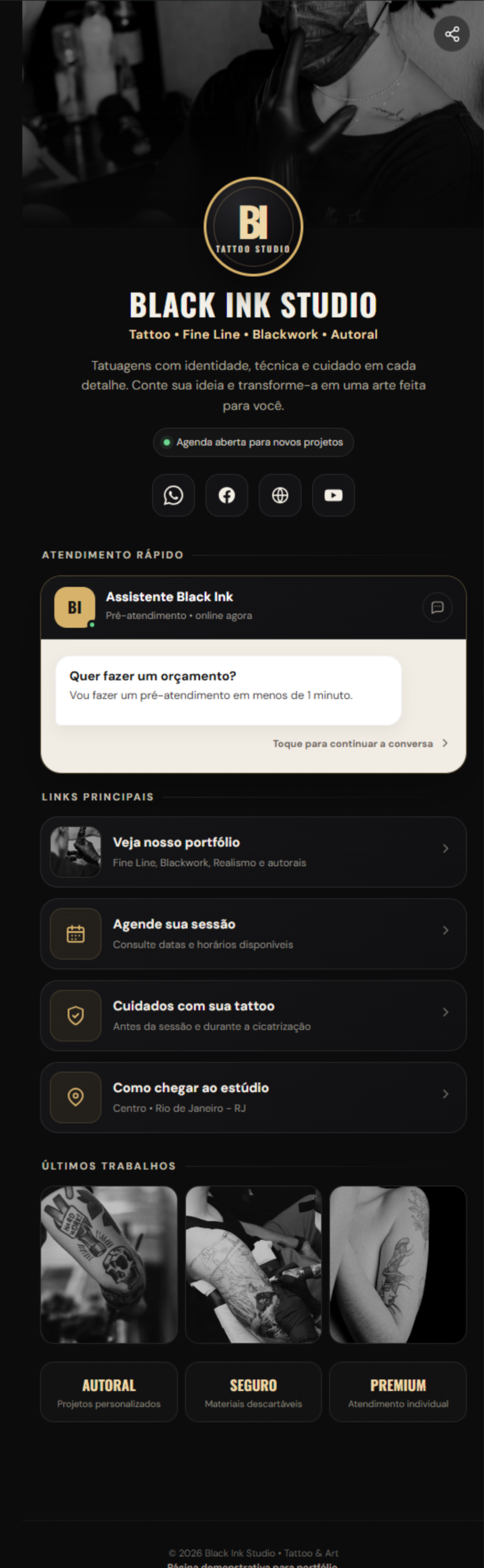 Projeto Link na Bio para Black Ink Studio