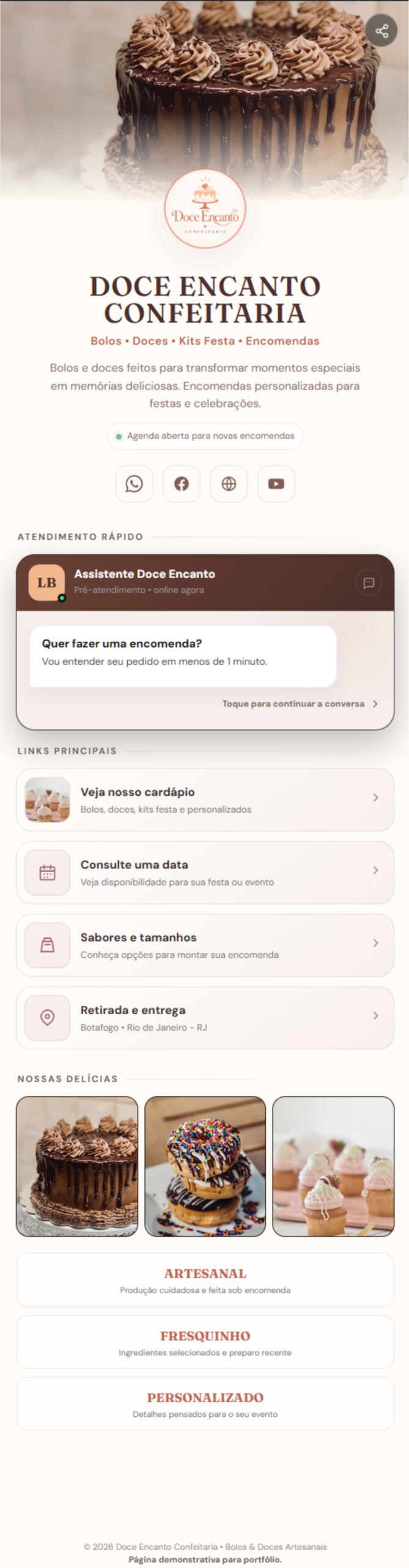 Prévia da página Link na Bio Doce Encanto Confeitaria