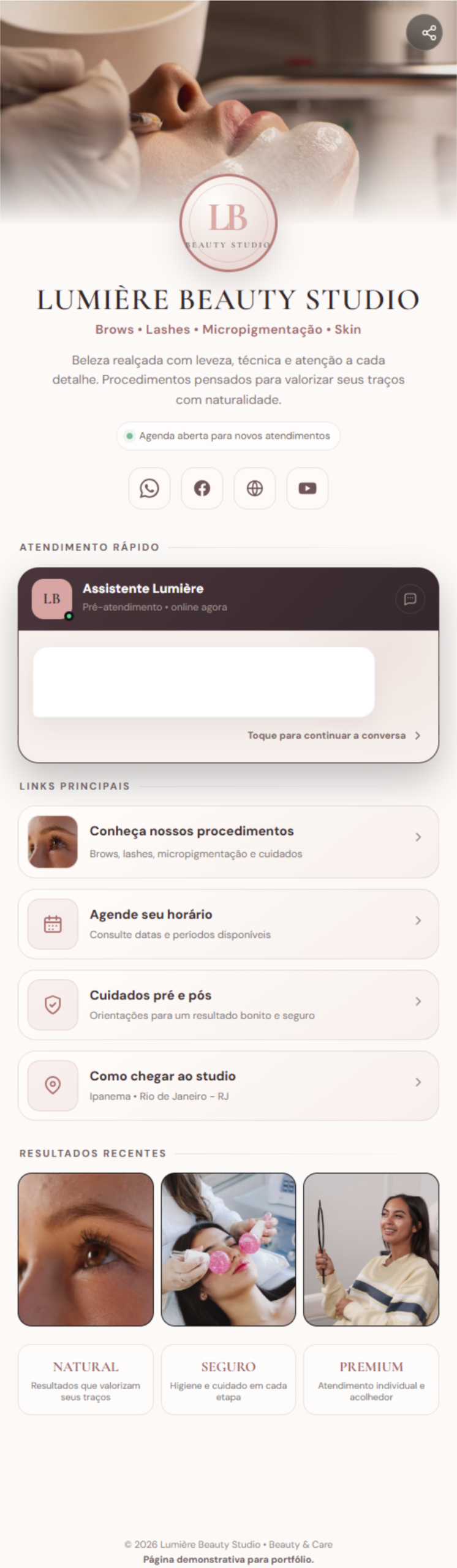 Projeto Link na Bio para Lumière Beauty Studio
